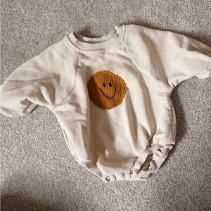 Kids Cream One-Piece Romper with Mustard Smiley Patch